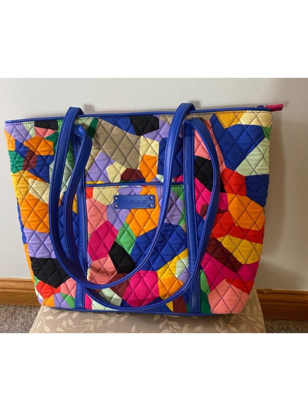 Vera Bradley Quilted Tote Bag Colorful Abstract Print Blue Trim & Long Straps